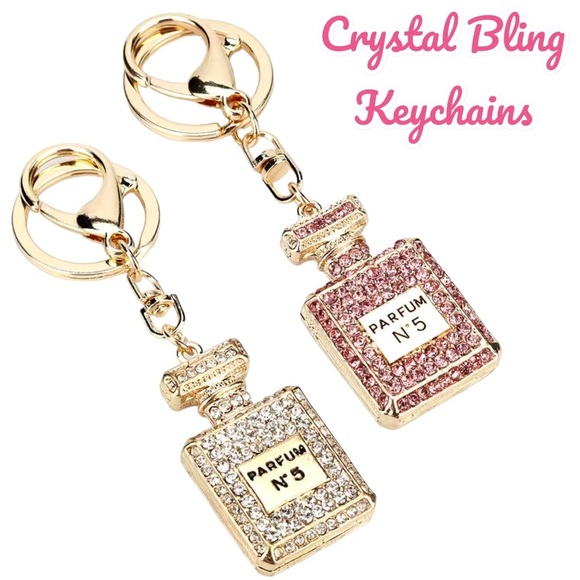 ✨NEW✨ 2 Crystal Pink White Faux Diamond Parfum Bottles Glam Charm Keychains Set - Picture 1 of 10